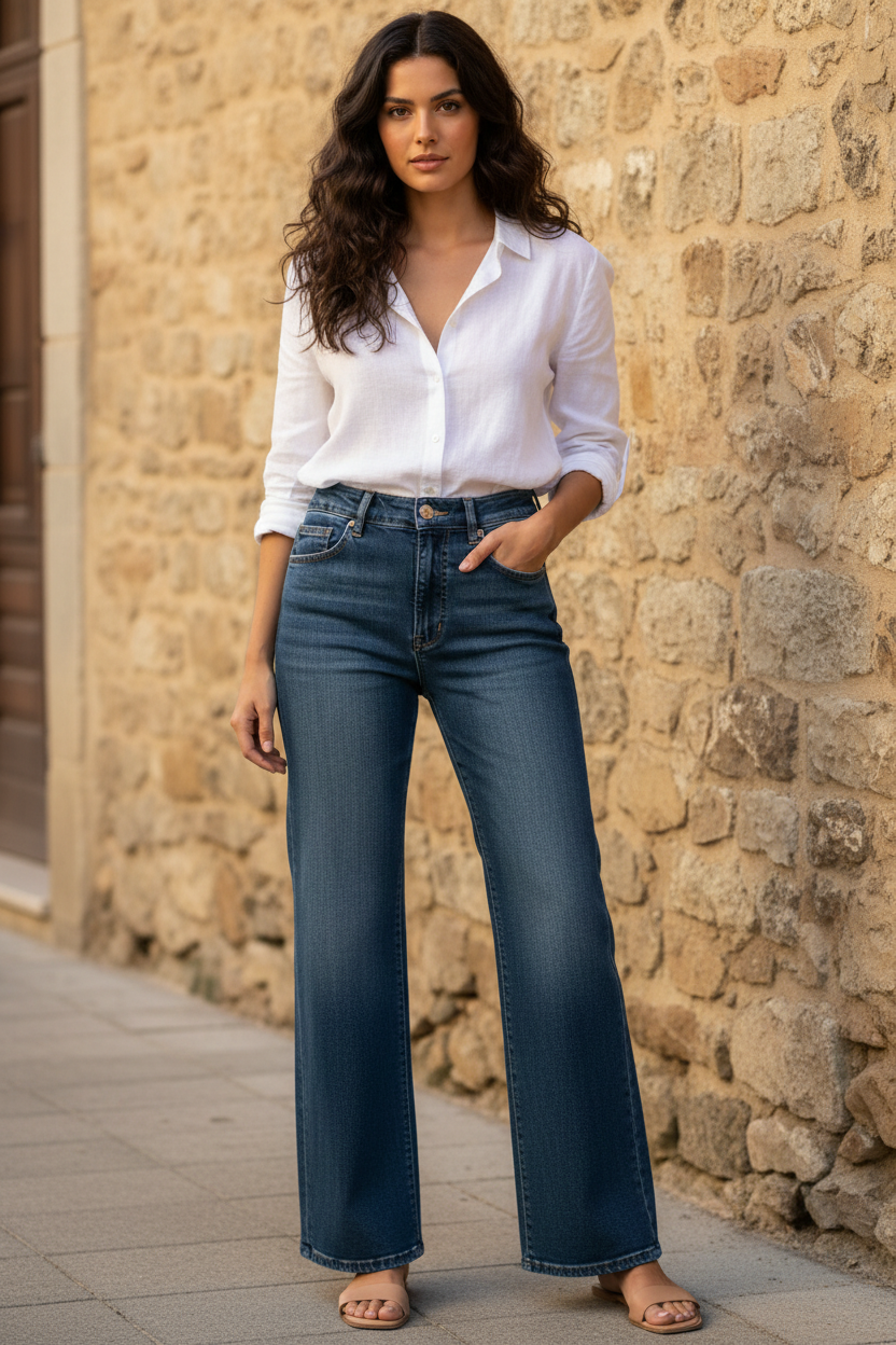 Outfit elegante mujer con líneas limpias y estética refinada en entorno mediterráneo, inspiración de moda femenina elegante y versátil, STRANNA