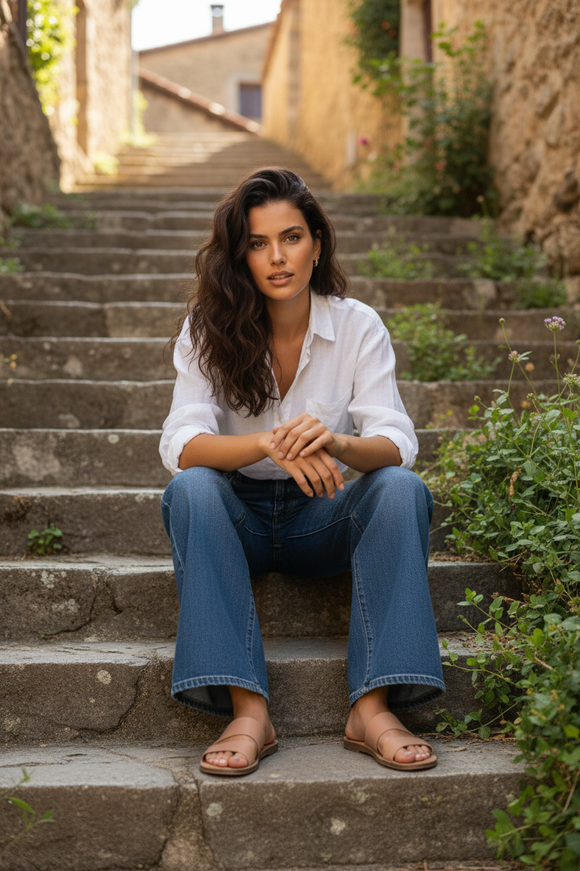 Mujer disfrutando de un entorno mediterráneo con un outfit elegante mujer de inspiración francesa y elegancia natural, STRANNA