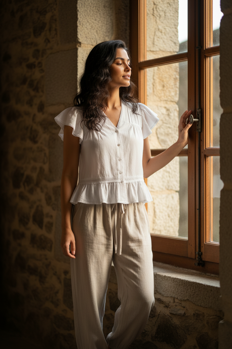 Look elegante y relajado con blusa blanca de volantes y pantalón de lino beige inspirado en la moda francesa, el estilo parisino y la esencia mediterránea de STRANNA