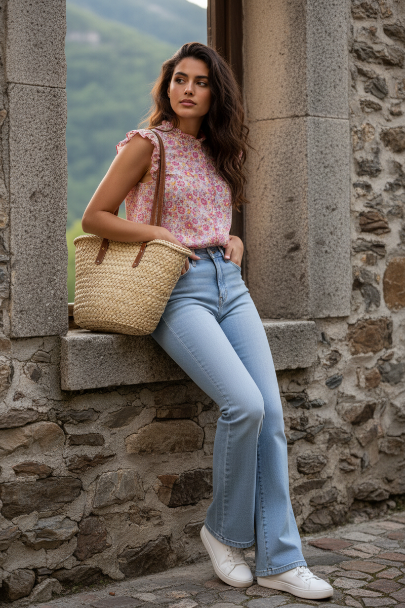 Look casual chic con blusa floral rosa sin mangas, jeans claros acampanados y bolso de rafia inspirado en la moda francesa y el estilo mediterráneo de STRANNA