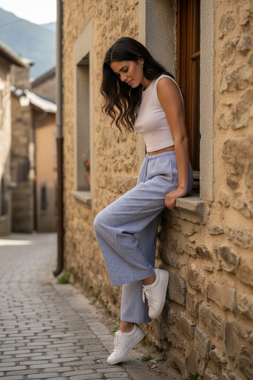 look casual chic mujer pantalón rayas azul verano estilo mediterráneo — ELOA STRANNA