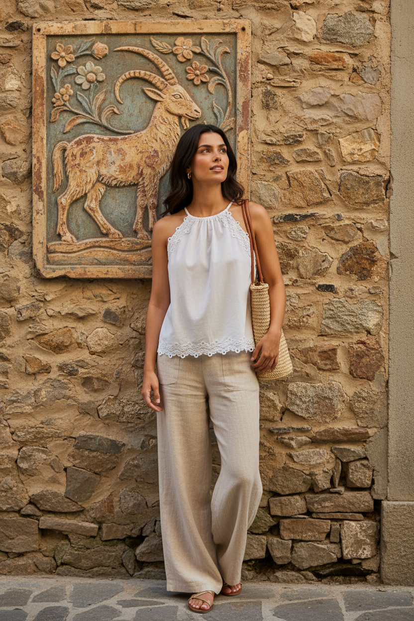 Prenda femenina blanca con detalles de encaje y escote delicado combinada con pantalón fluido beige en un outfit elegante mujer. Un conjunto de moda mediterránea mujer con influencia del estilo francés mujer y sofisticación atemporal. STRANNA