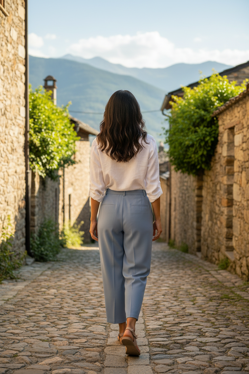 Look casual chic mujer recorriendo un pueblo mediterráneo con una silueta sofisticada y natural, STRANNA