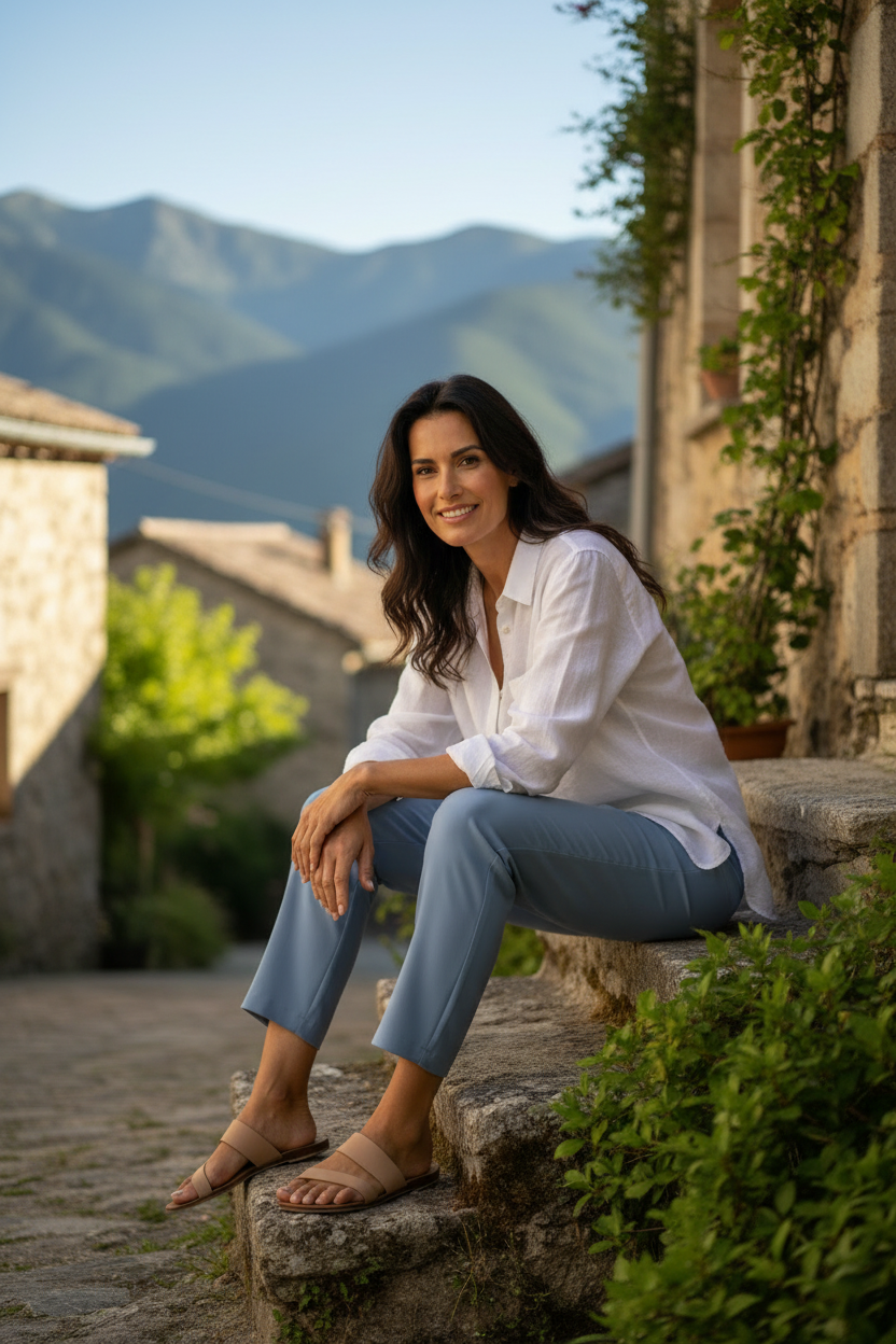 Outfit elegante mujer con vistas a la montaña y esencia mediterránea, propuesta refinada de estilo francés contemporáneo, STRANNA