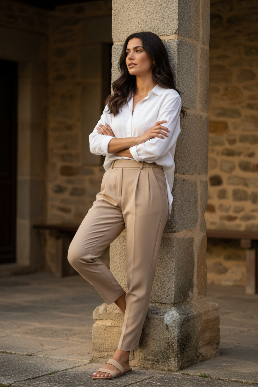 Look casual chic mujer en entorno histórico mediterráneo, combinación versátil de moda femenina elegante y estilo francés, STRANNA