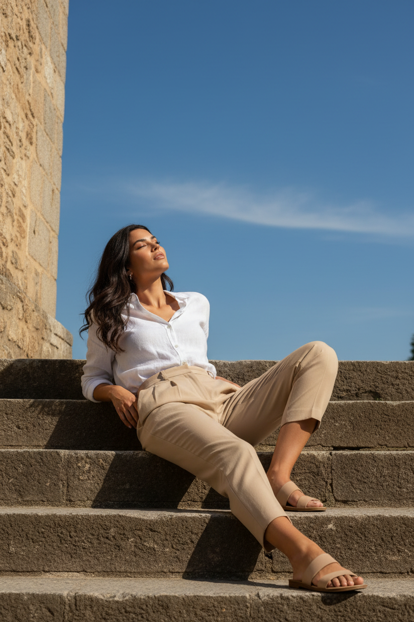 Mujer disfrutando de un paisaje mediterráneo con un outfit elegante mujer de líneas fluidas y elegancia atemporal, STRANNA