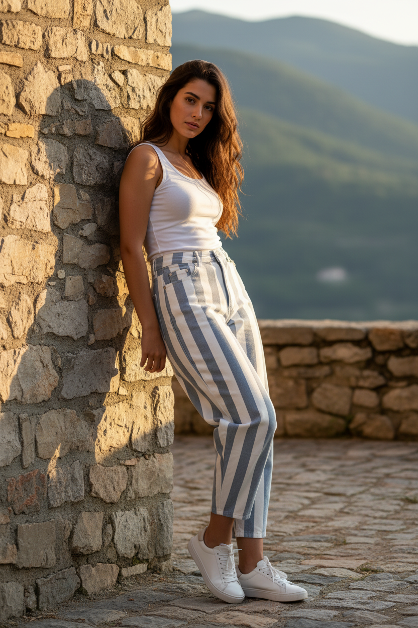Pantalón balloon mujer rayas verticales azul y blanco — básicos ropa mujer colección STRANNA