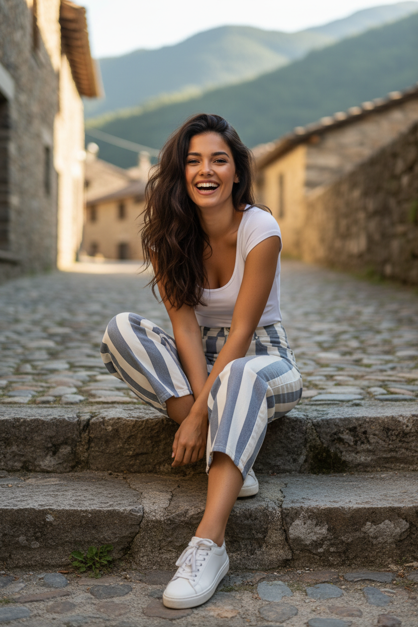 Pantalón balloon rayas azul y blanco mujer — STRANNA EVAN, outfit casual chic verano

