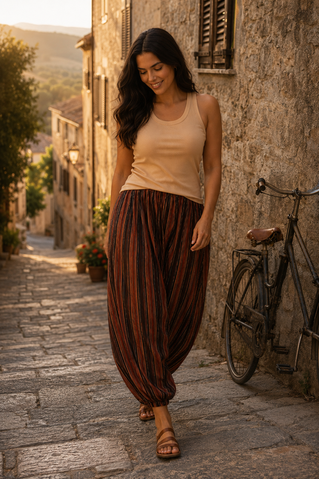 Pantalón bombacho teja y marrón en movimiento, con tejido de algodón fluido, top beige y sandalias de cuero | STRANNA