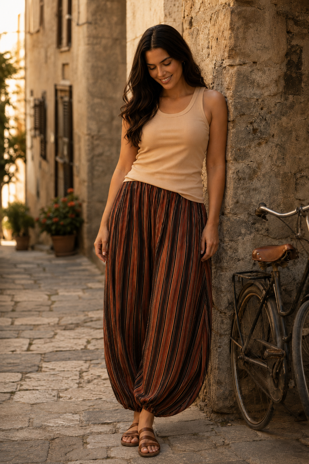 Pantalón bombacho de rayas teja y marrón con caída amplia, combinado con top beige y sandalias para un look casual chic | STRANNA