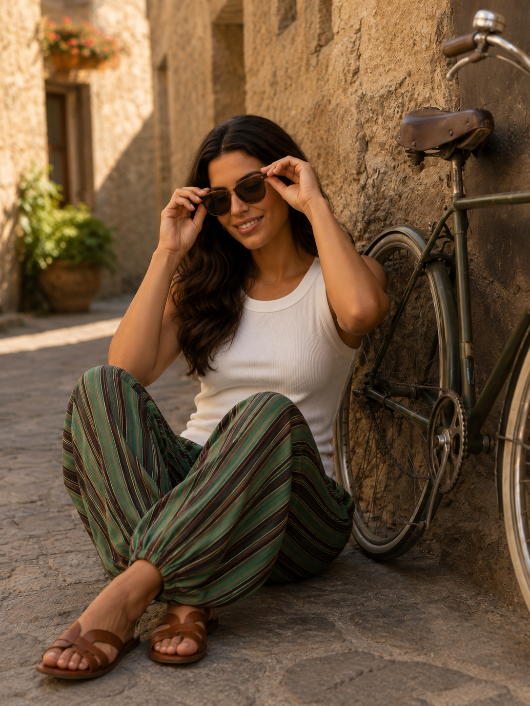 Pantalón holgado de algodón con rayas verticales y tobillo recogido, llevado con camiseta blanca en un estilismo casual chic | STRANNA