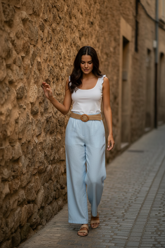 Pantalón wide leg azul celeste de tejido fluido con cinturón trenzado combinado con top blanco de tirantes en una calle de piedra. Un outfit elegante mujer con moda femenina elegante, estilo francés mujer y esencia mediterránea para un look casual chic de verano. | STRANNA