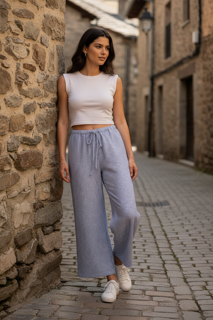 pantalón rayas azul wide leg tobillero mujer estilo francés moda mediterránea — ELOA STRANNA
