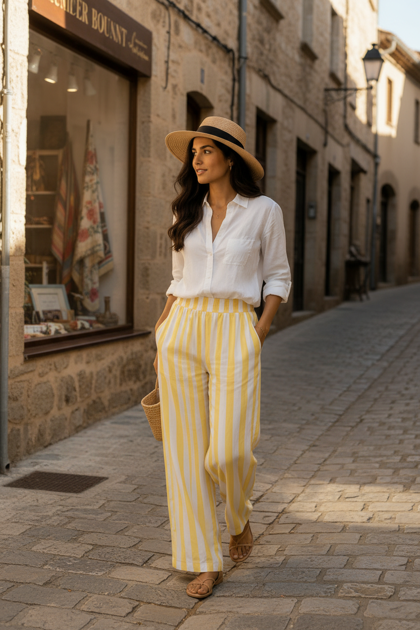 Pantalón de rayas verticales amarillas y blancas con cintura elástica combinado con camisa blanca fluida y bolso de rafia. Un look de verano mujer con estilo francés, moda mediterránea y aire casual chic. STRANNA