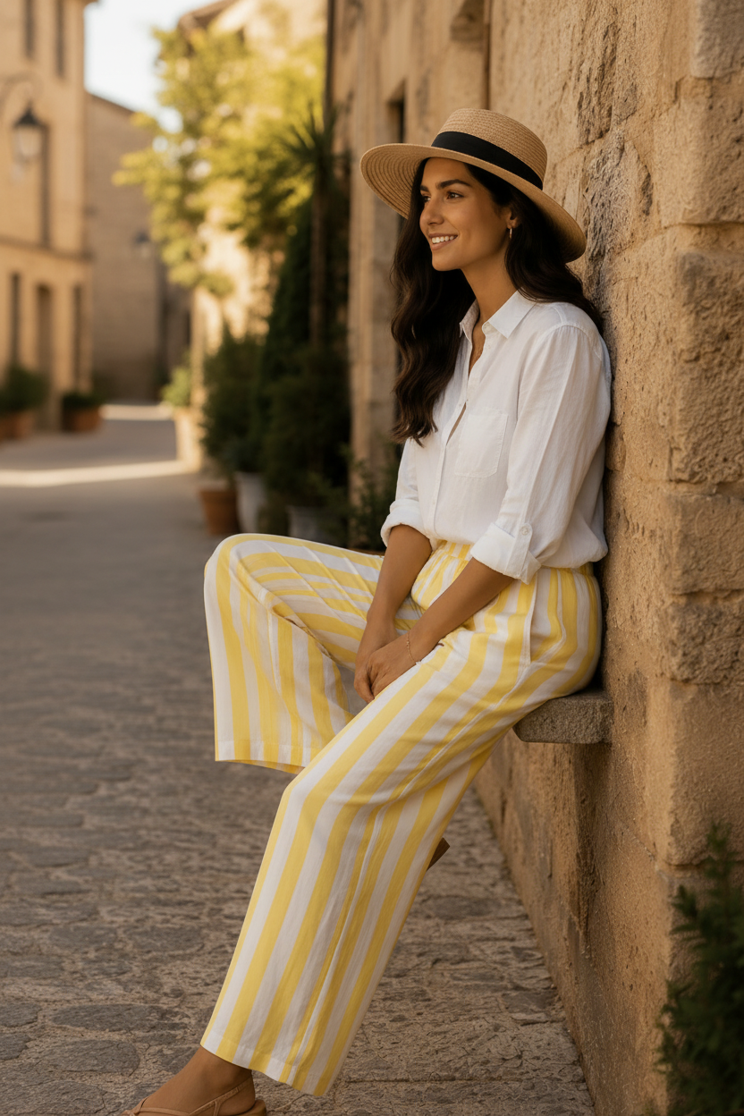 Pantalón fluido de rayas amarillas y blancas combinado con blusa blanca ligera y accesorios naturales. Un look casual chic mujer con esencia mediterránea, perfecto para un verano elegante y relajado. STRANNA