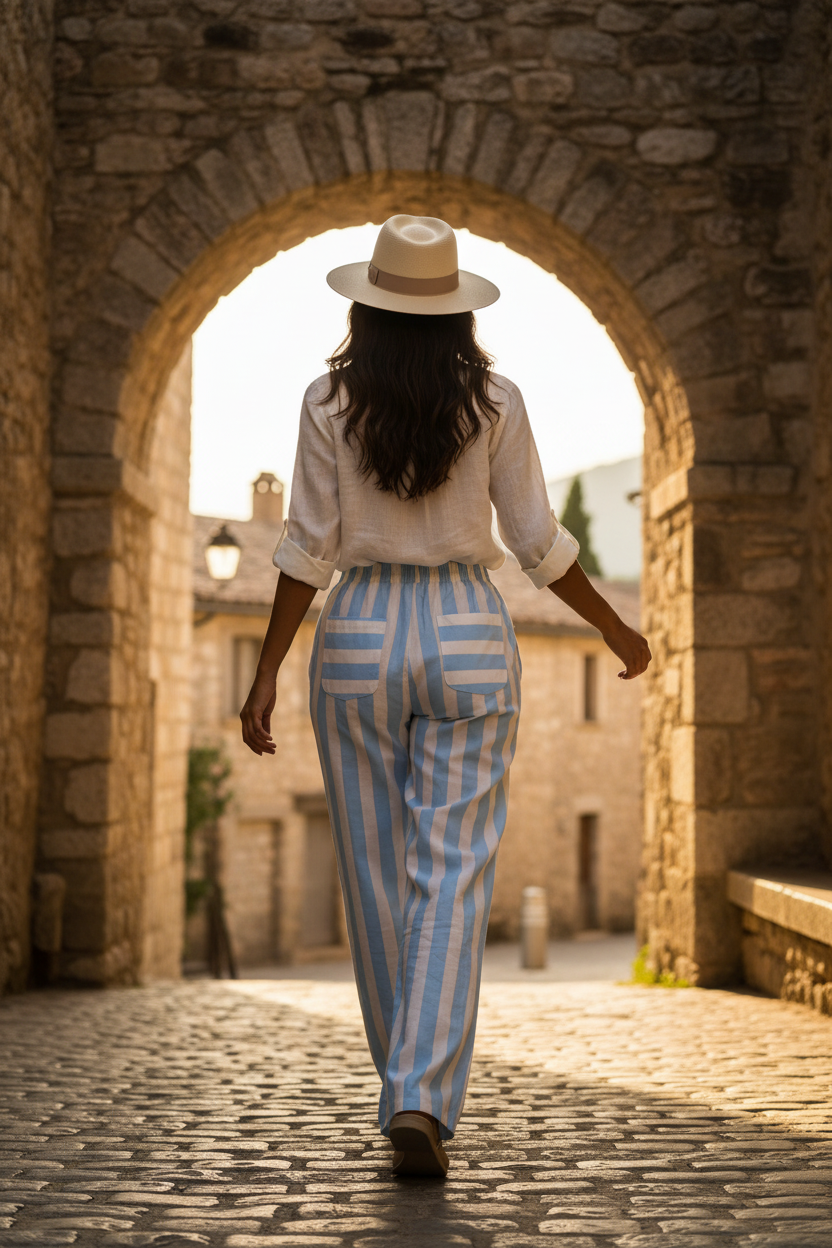 Pantalón de rayas verticales azules y blancas con caída fluida visto desde atrás, combinado con camisa blanca ligera y sombrero de paja. Un outfit relajado mujer perfecto para la moda francesa y los días de verano mediterráneos. STRANNA