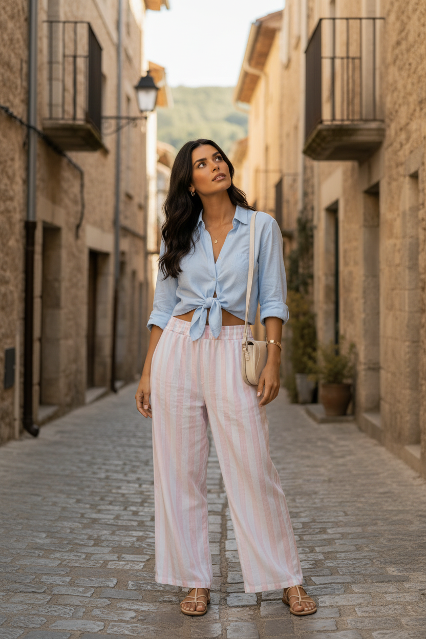 Pantalón de cintura elástica con rayas rosas y blancas combinado con camisa ligera azul y bolso bandolera en tonos neutros. Un outfit casual chic mujer pensado para los días de verano con esencia mediterránea. STRANNA