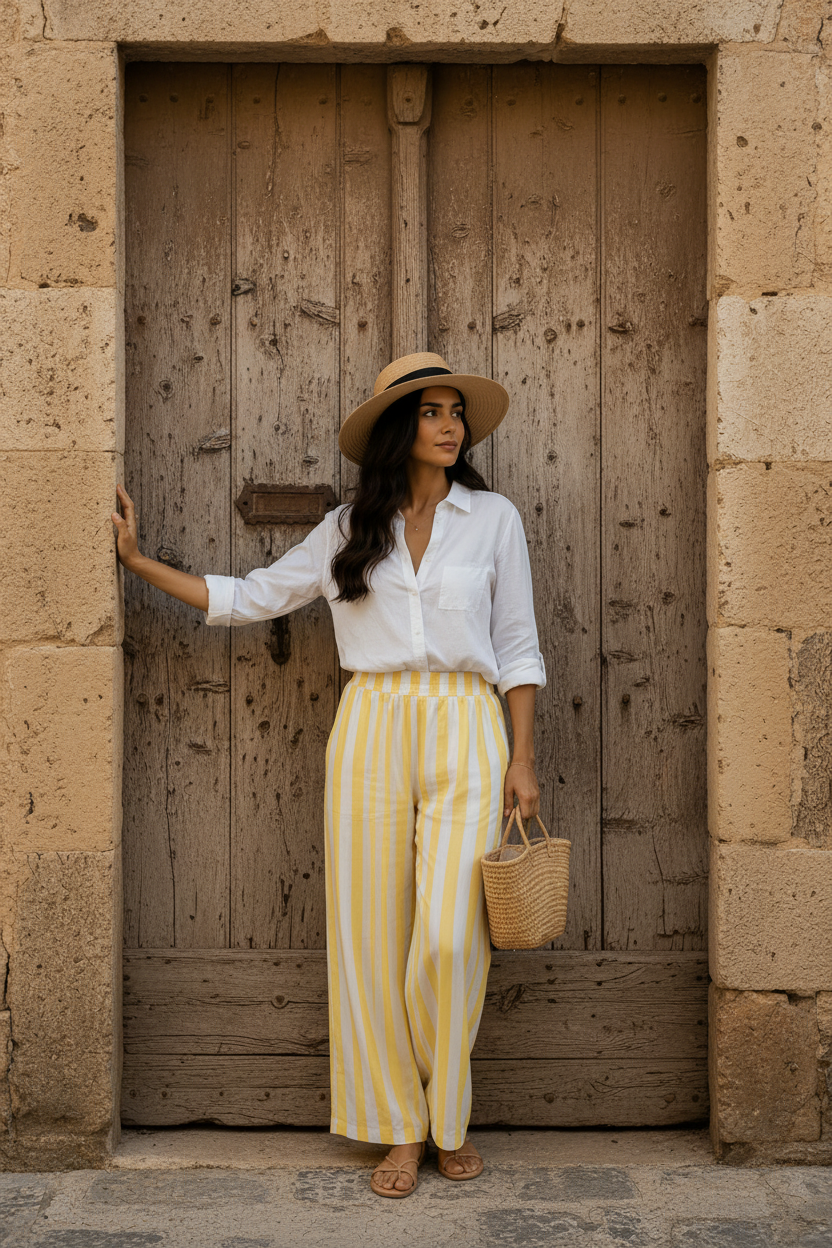 Pantalón de rayas amarillas y blancas de pierna ancha combinado con camisa blanca de lino, sombrero de rafia y sandalias planas. Un outfit elegante mujer inspirado en la moda mediterránea y el estilo francés para los días de verano. STRANNA