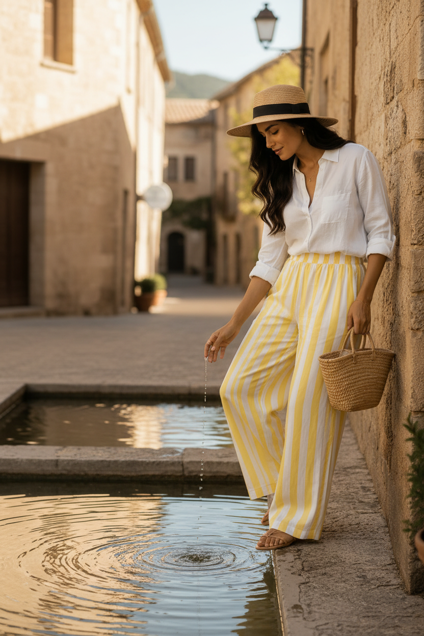 Pantalón ancho de algodón y lino con rayas amarillas y blancas combinado con camisa blanca oversize, sombrero de paja y sandalias de piel. Un conjunto femenino de inspiración francesa para crear un outfit elegante mujer. STRANNA