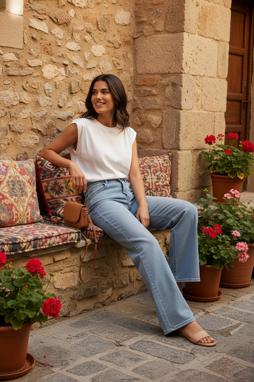 Pantalón wide leg azul claro Aura sentada en banco de obra con cojines decorativos en terraza pirenaica — pantalón elegante mujer STRANNA