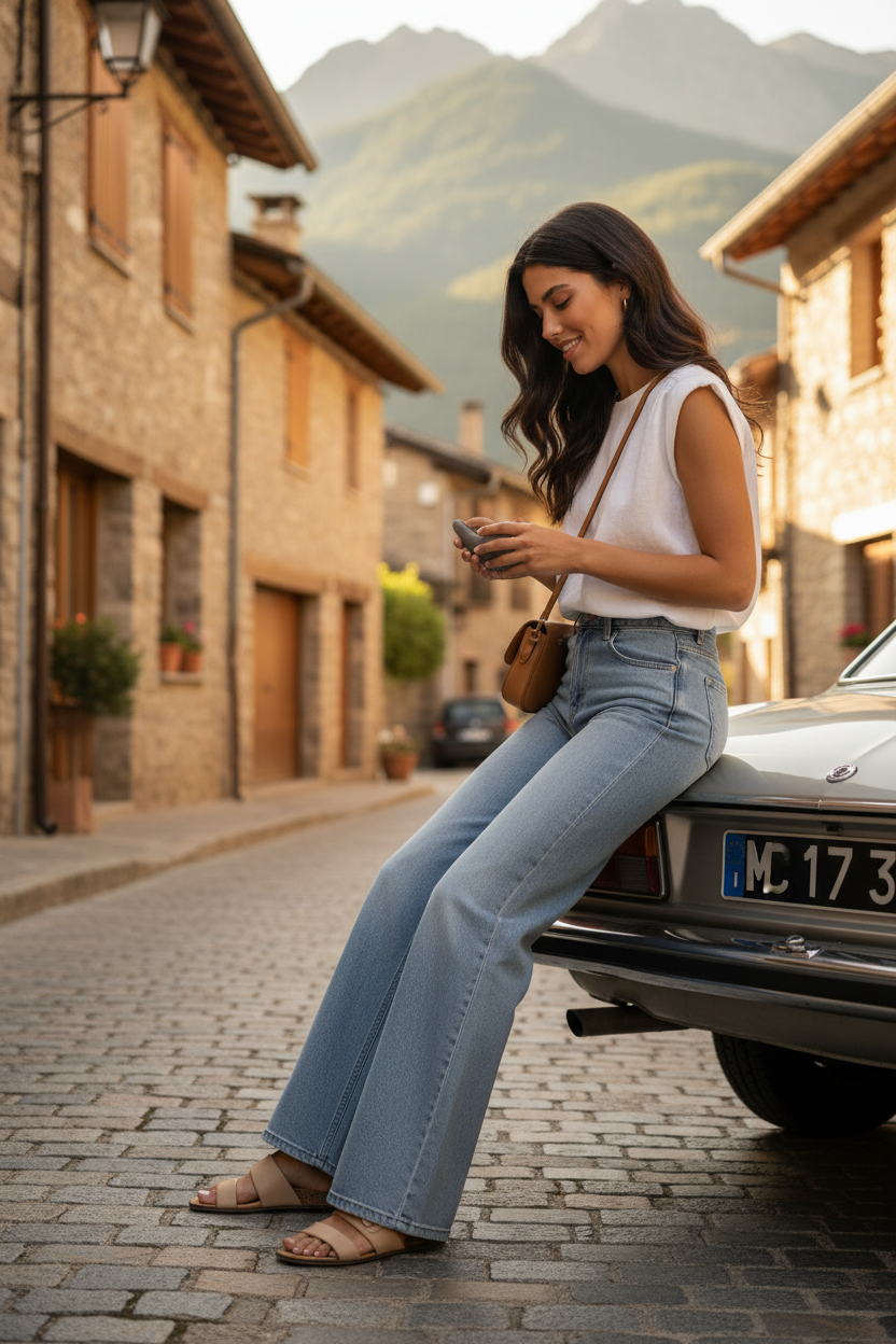 Pantalón wide leg azul claro Aura sentada sobre coche clásico en calle empedrada del Pirineo — moda mediterránea mujer STRANNA
