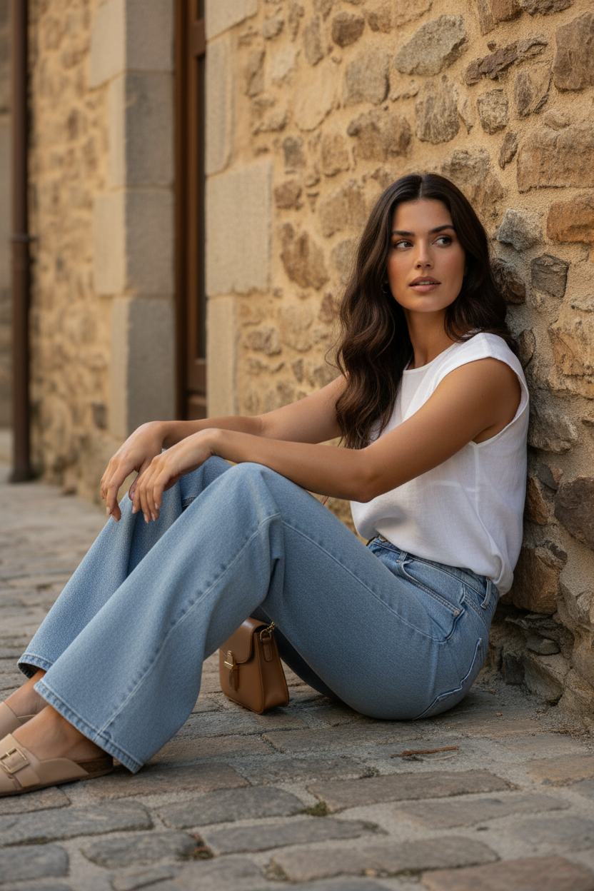Pantalón wide leg azul claro Aura sentada en suelo junto a fachada de piedra pirenaica — outfit elegante mujer STRANNA
