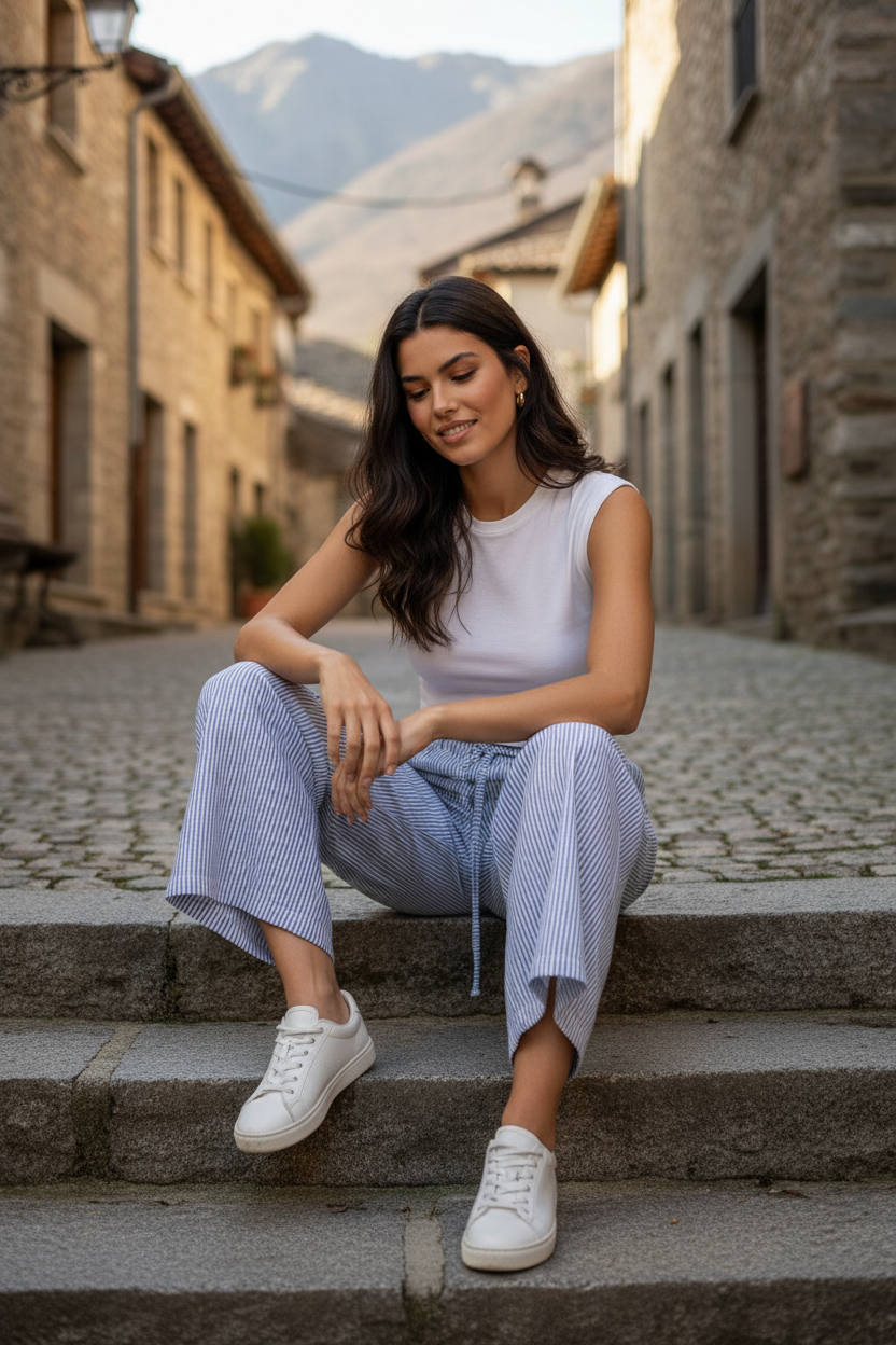 pantalón wide leg azul cintura elástica cordón tejido lino algodón mujer — ELOA STRANNA