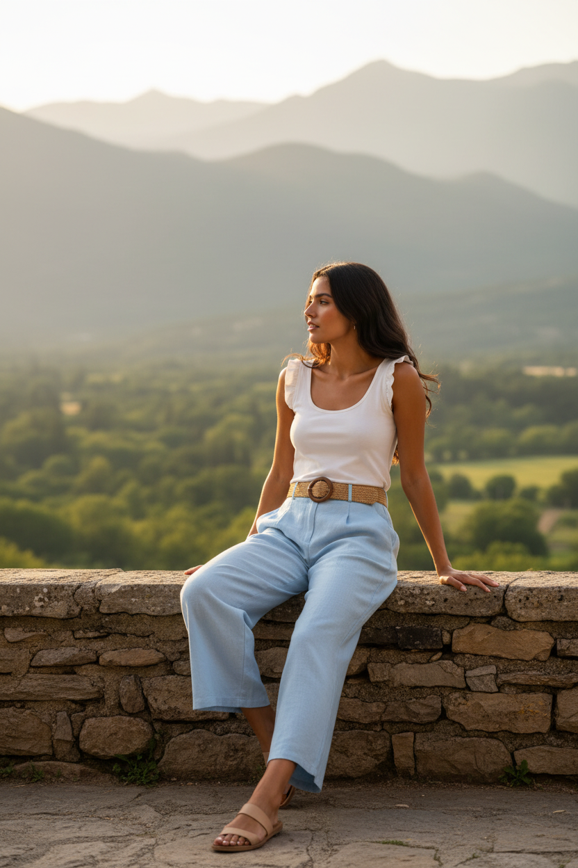 Moda femenina elegante con vistas mediterráneas y un look sofisticado para mujer con estilo natural STRANNA