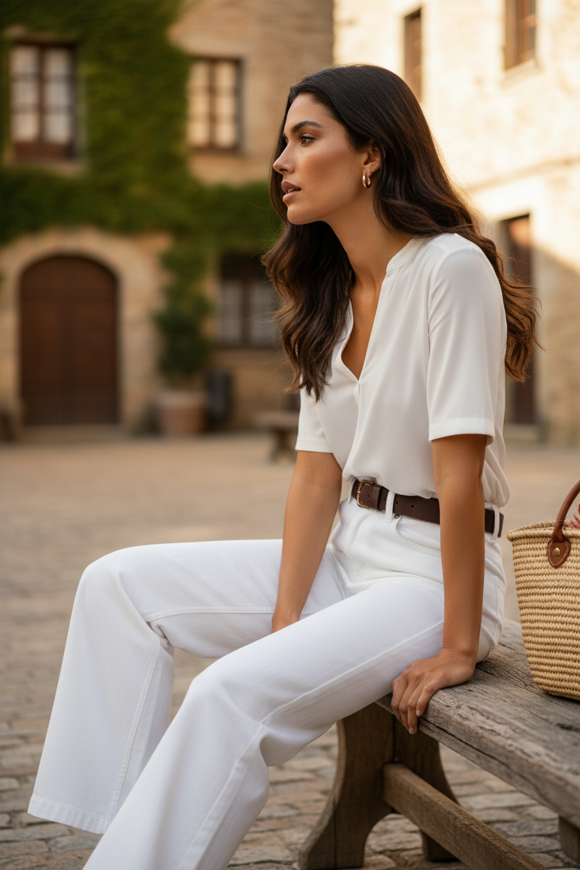 Sentada banco mirando lado contrario cámara pantalón blanco plano medio