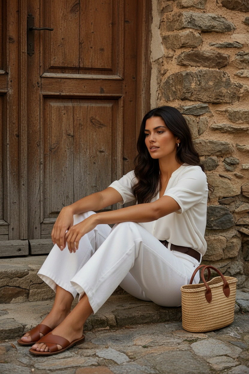 Sentada junto a puerta rodillas recogidas pantalón blanco wide-leg plano entero