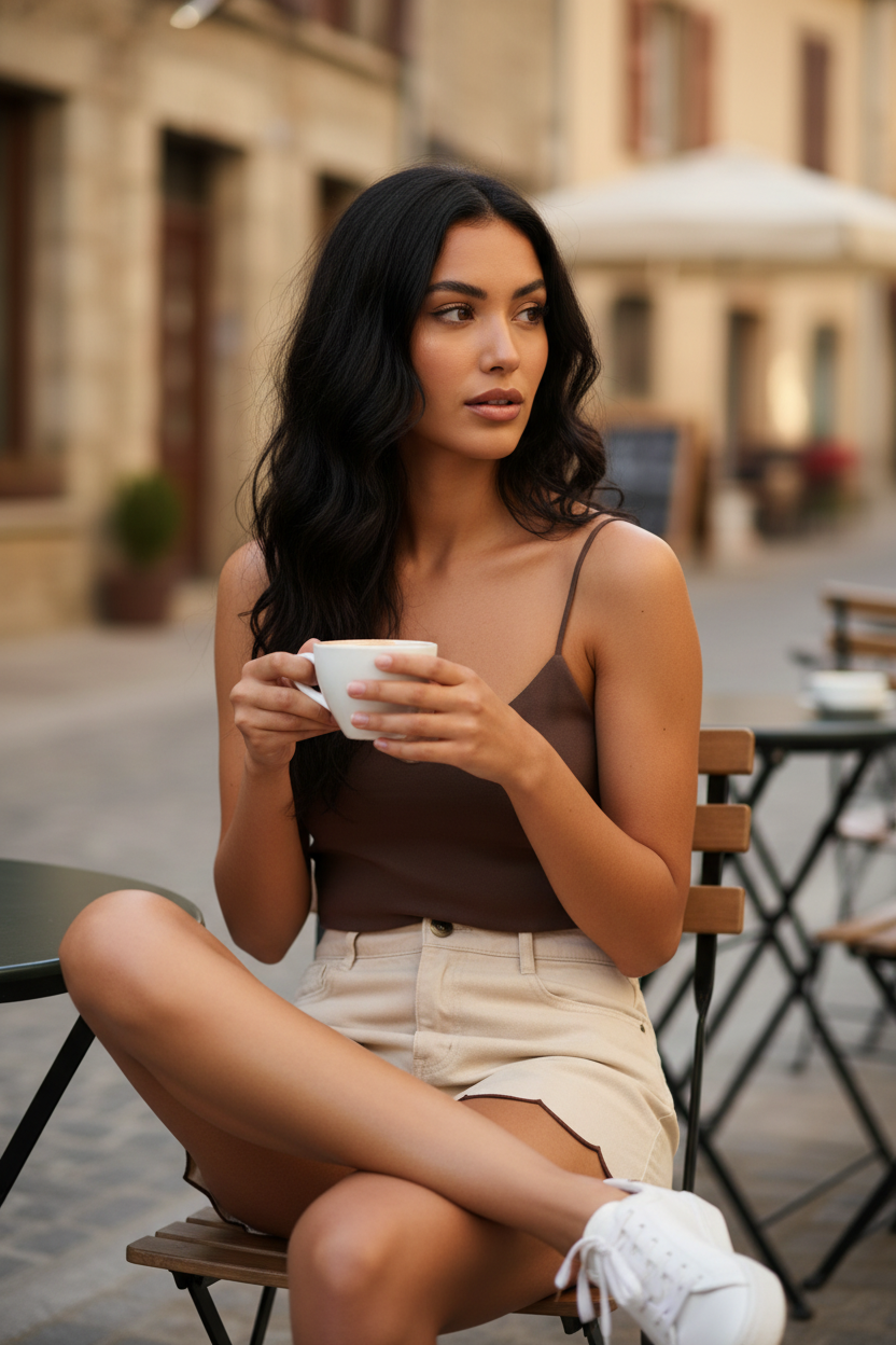 Short denim mujer blanco roto — outfit casual chic verano STRANNA