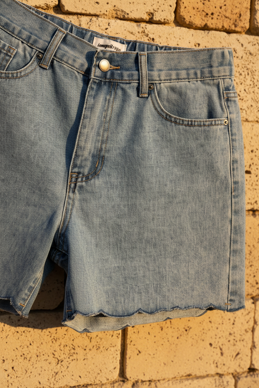 Detalle del tejido denim azul claro con bajo festoneado y acabado cuidado que aporta personalidad a este diseño femenino. Una pieza versátil para crear outfits elegantes mujer con inspiración mediterránea y estilo francés mujer. STRANNA