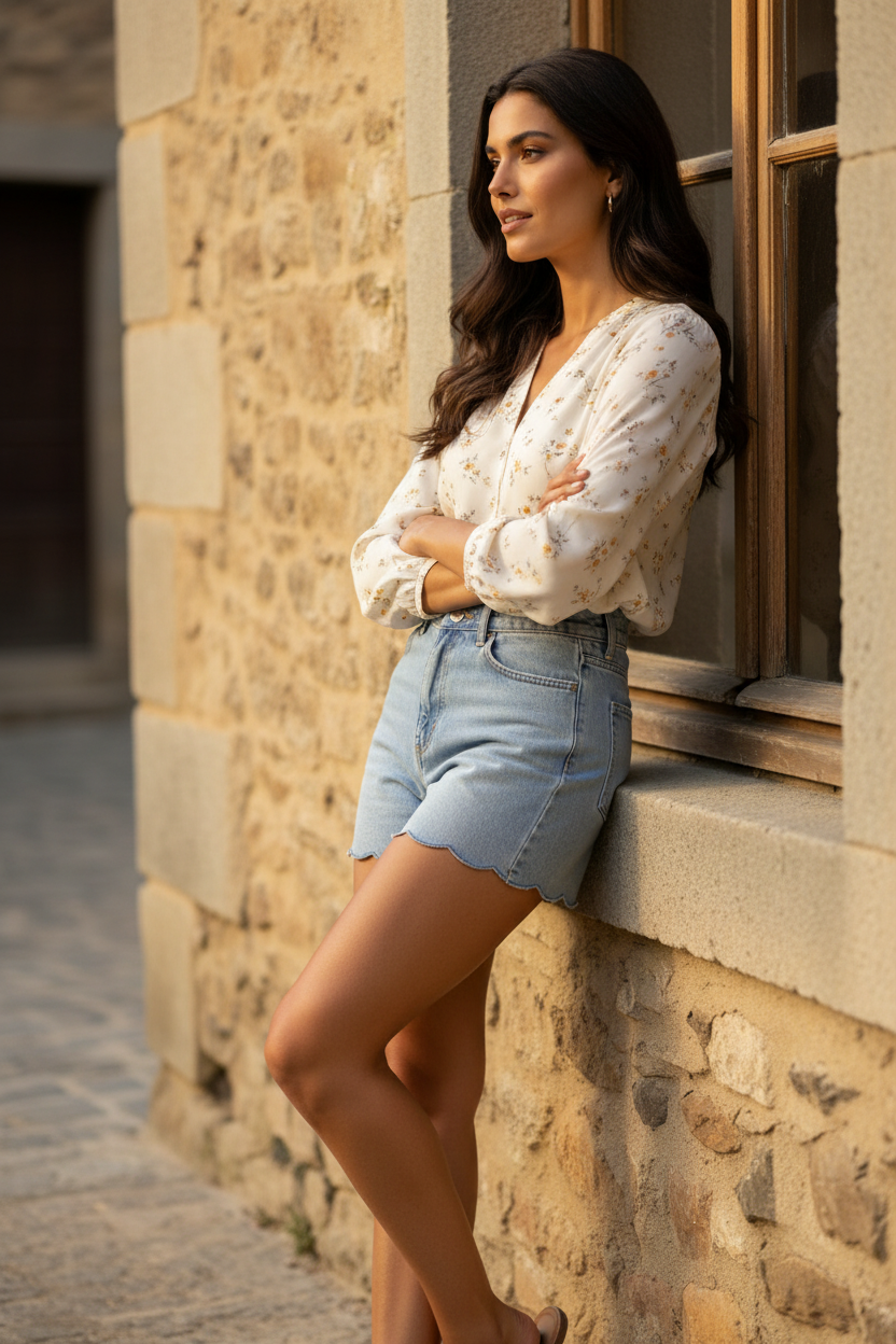 Short vaquero de corte recto con acabado festoneado y cinturón trenzado acompañado de blusa elegante mujer bordada en blanco. Un look sofisticado y relajado que refleja la moda mediterránea mujer con un toque casual chic mujer. STRANNA
