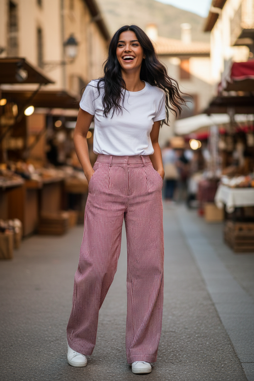 Estilo francés mujer pantalón rayas rojo blanco — STRANNA