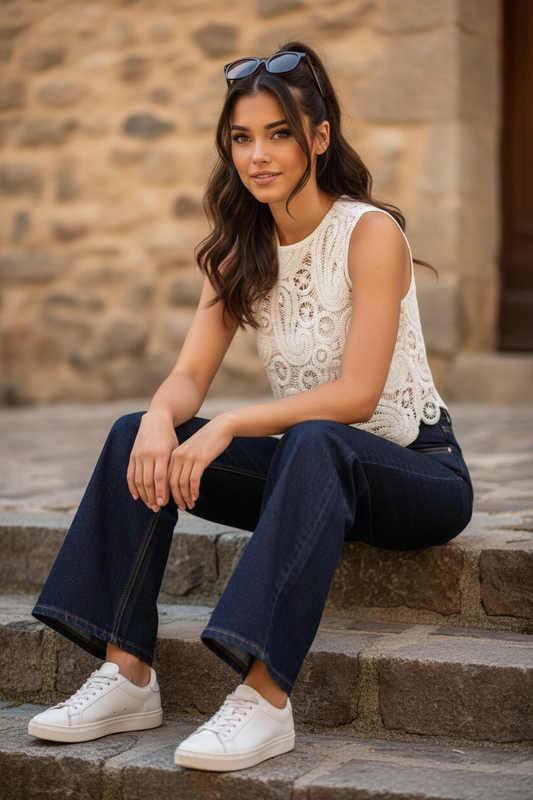 Top crochet blanco mujer ROMY — vista frontal, tejido calado artesanal — STRANNA