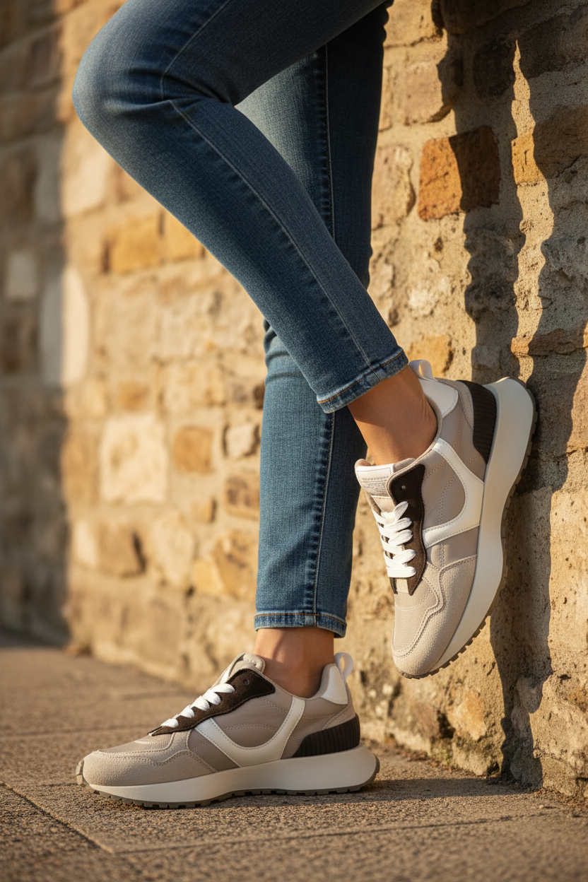 Zapatillas Corina beige y blanco de mujer estilo casual chic combinadas con jeans slim