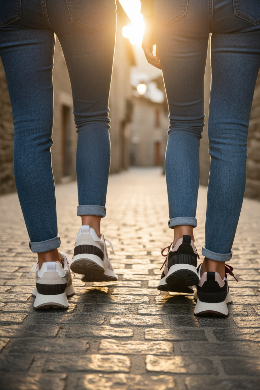 Dos mujeres caminan por una calle mediterránea con zapatillas Corina de STRANNA en beige y negro combinadas con jeans estilo casual chic.