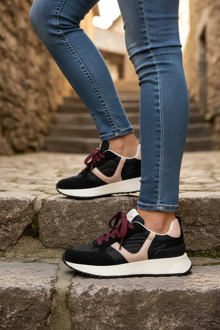 Zapatillas Corina negras y beige para mujer con estilo casual chic y plataforma moderna