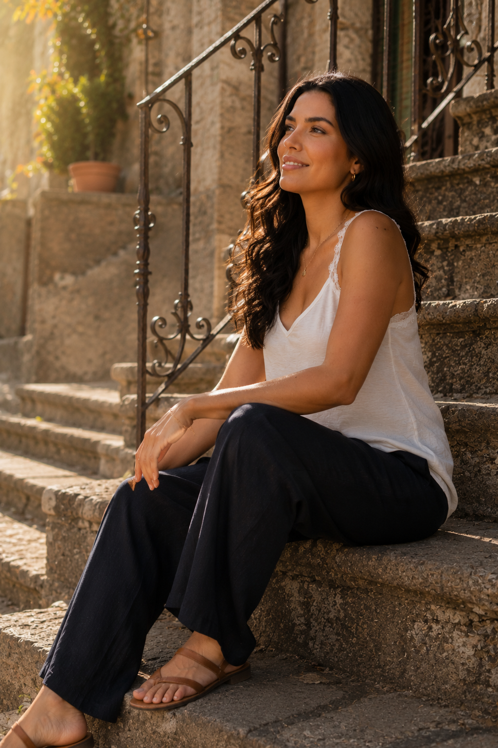 Top blanco con tirantes de encaje festoneado y caída fluida, combinado con pantalón ancho oscuro para un outfit elegante mujer de verano | STRANNA