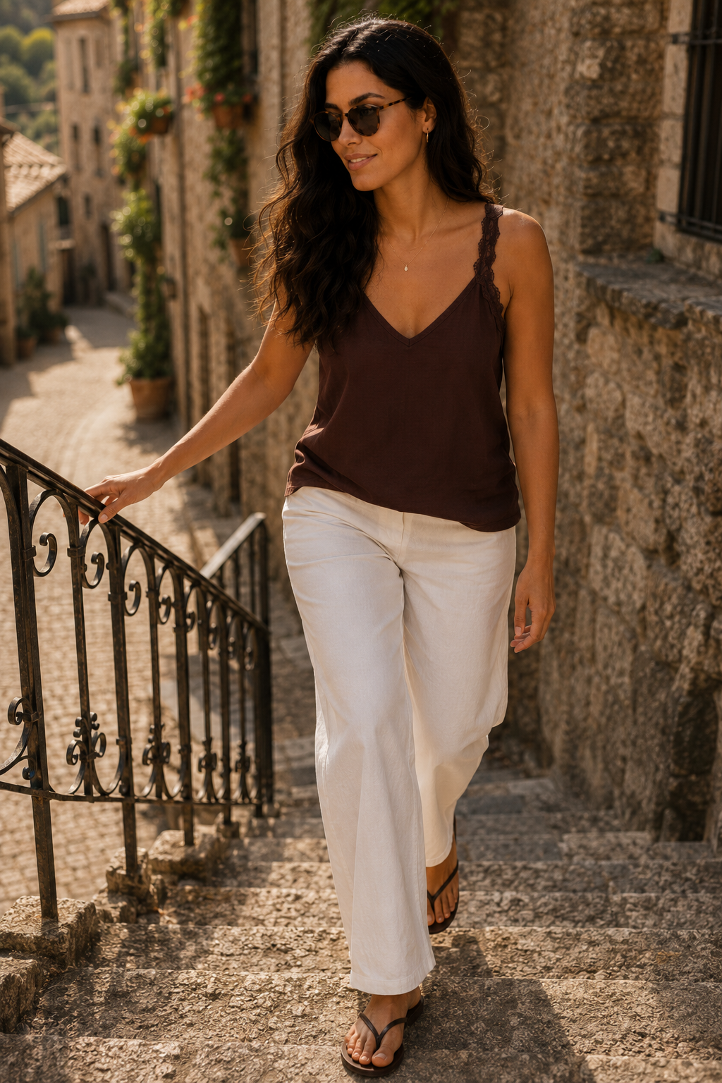 Top marrón chocolate fluido con tirantes de encaje, pantalón blanco y sandalias negras en un outfit de estilo francés mujer | STRANNA