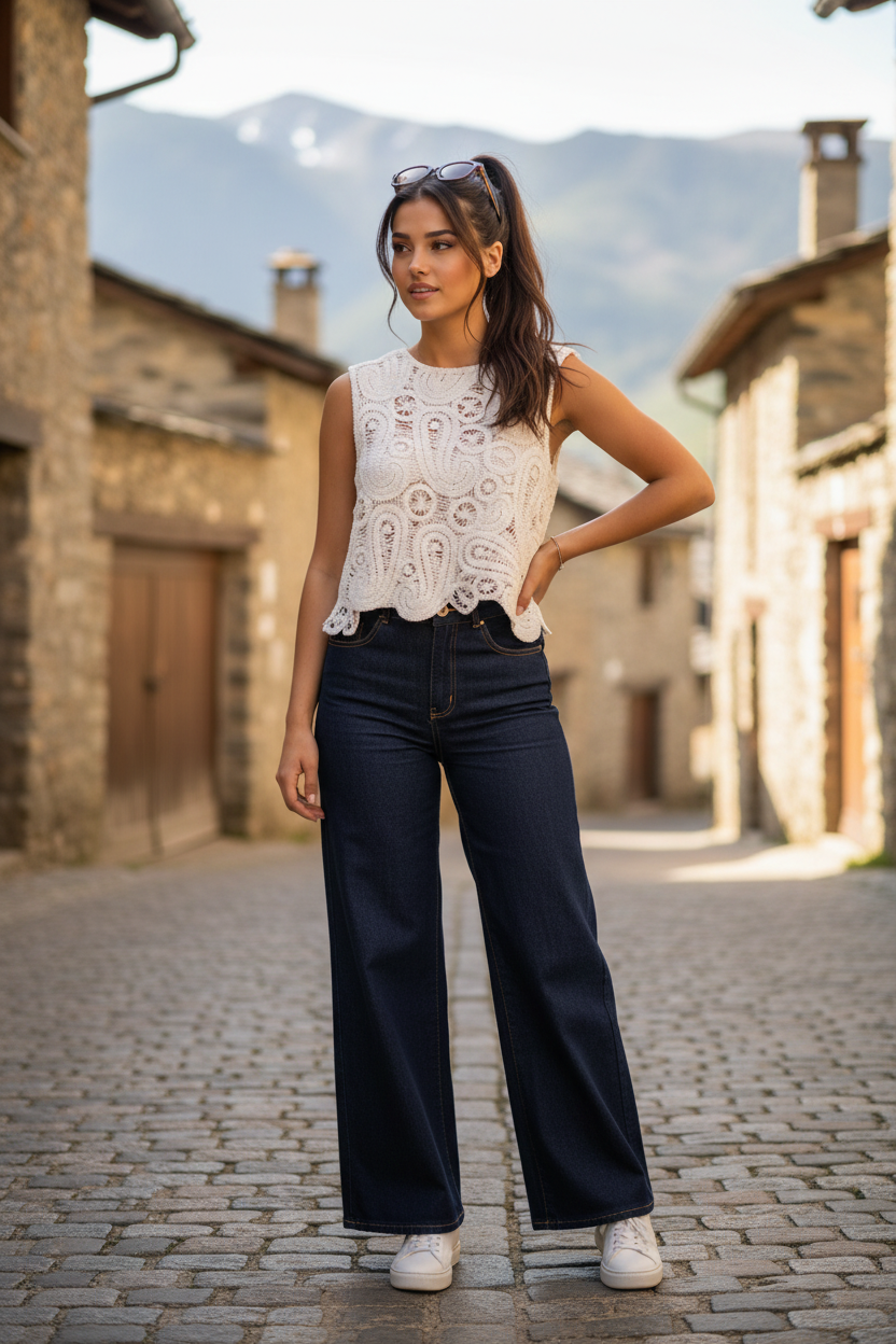 Bajo festoneado top crochet blanco mujer — acabado artesanal ROMY — STRANNA