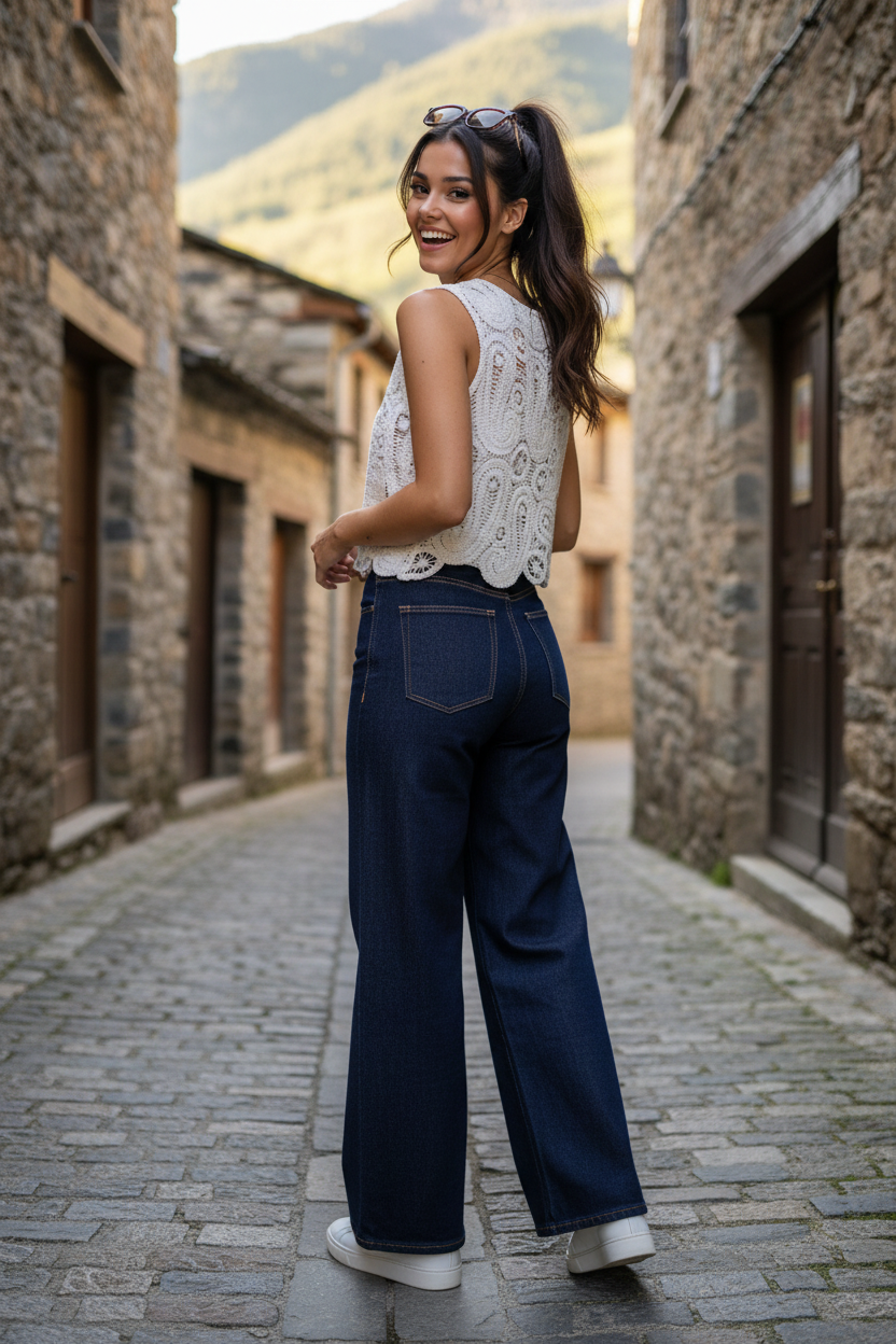Detalle tejido crochet calado blanco con motivos circulares — Top ROMY STRANNA