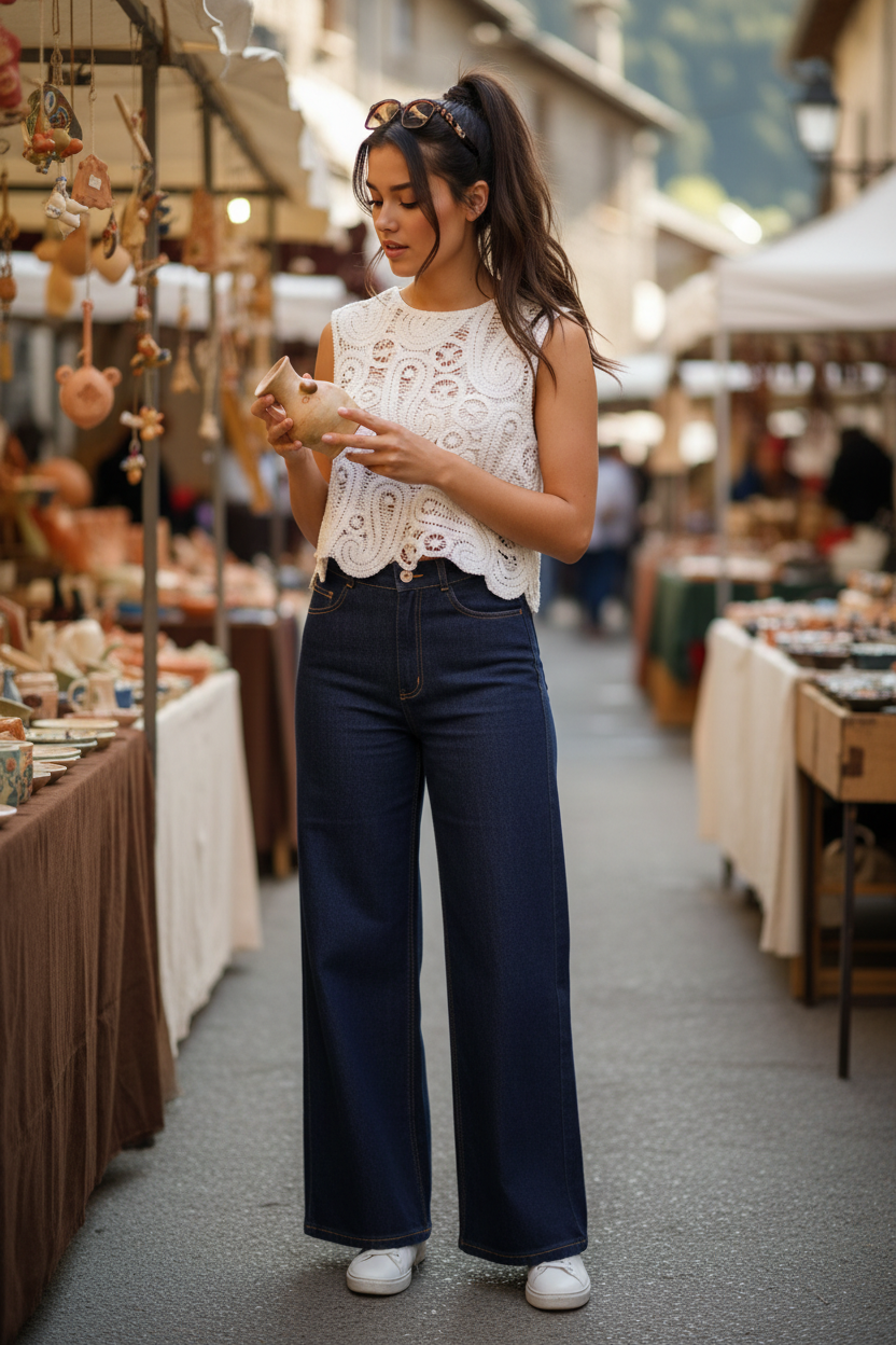 Outfit casual chic mujer con top crochet blanco ROMY y vaquero tiro alto — STRANNA