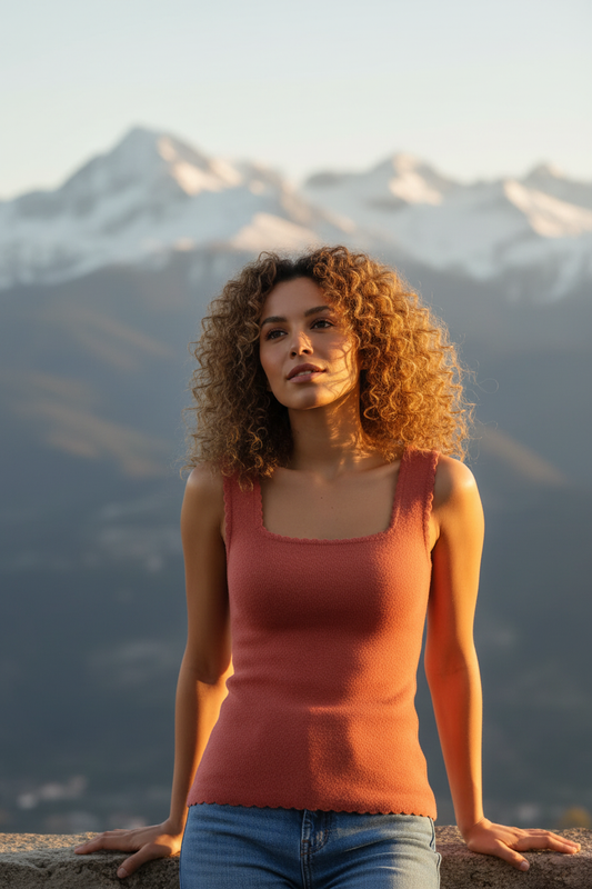 Top LUMI teja - modelo sentada en muro de piedra, plaza de pueblo pirenaico, primavera
