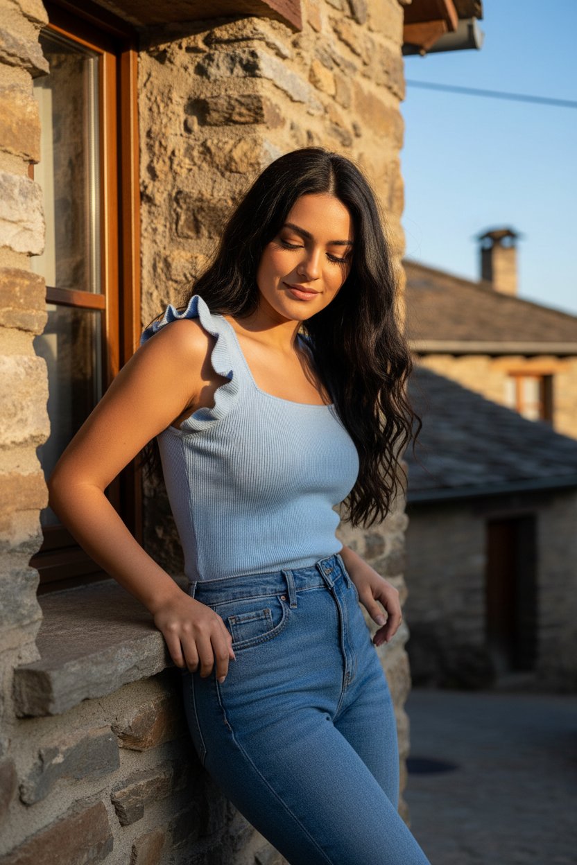 Top punto fino azul cielo AROA — casual chic mujer — STRANNA
