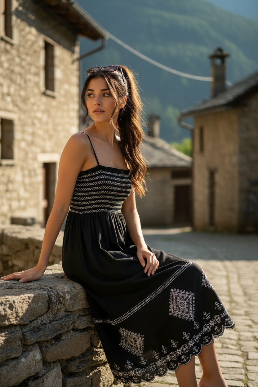 Vestido negro bordado STRANNA - modelo sentada